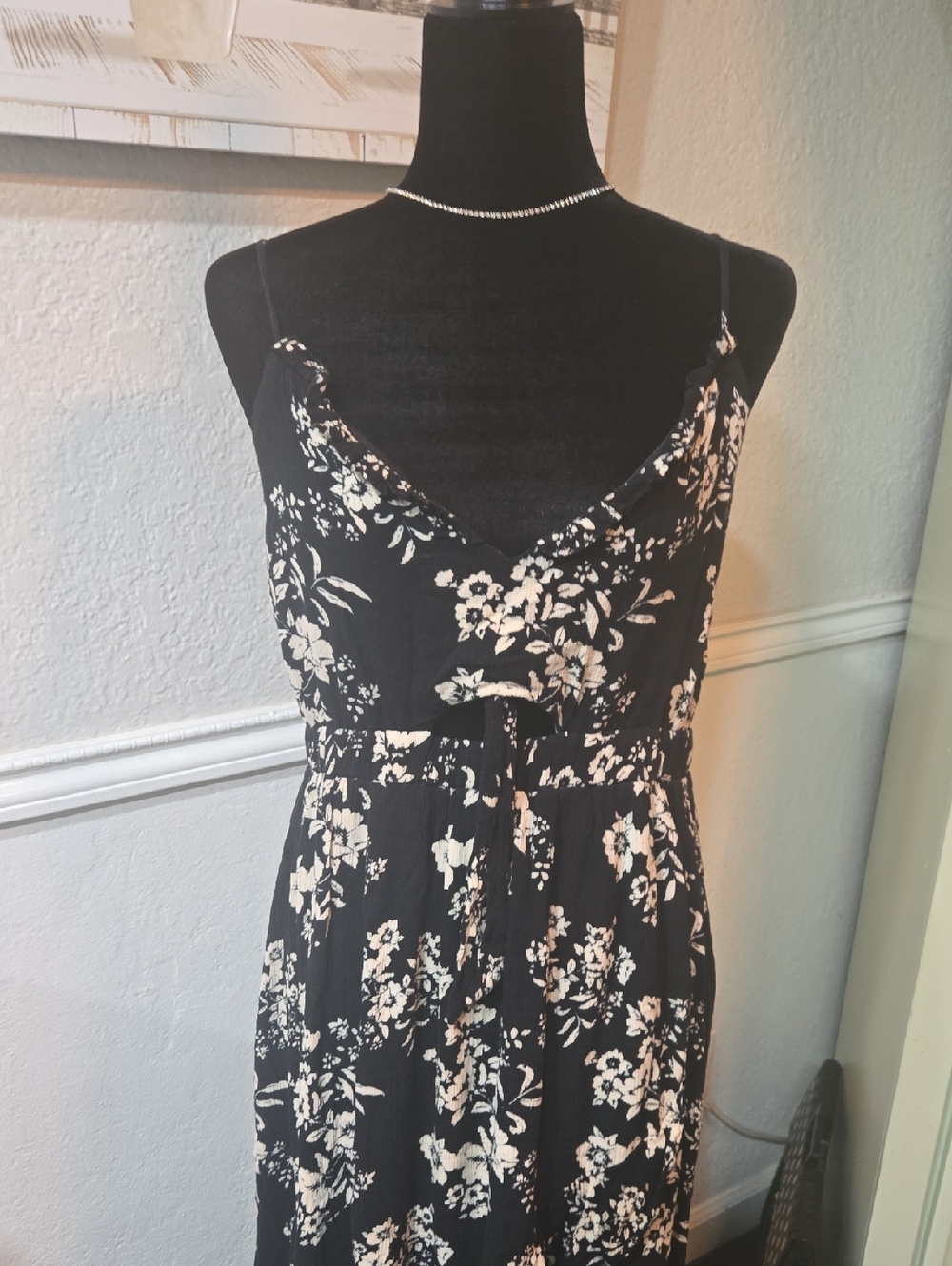 Justify Black Floral Midi Dress with White Print Comes With Necklace